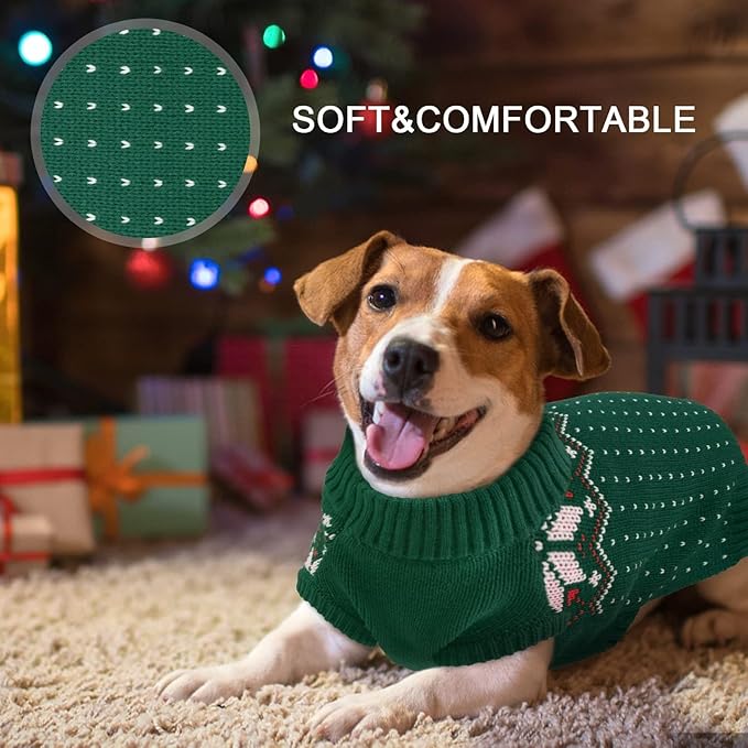 Kuoser Dog Sweater, Holiday Christmas Snowflake Pet Warm Knitwear Dog Sweaters Soft Puppy Clothing, Doggie Turtleneck Cold Weather Outfit Pullover for Small Medium Large Dogs Cats, Green L