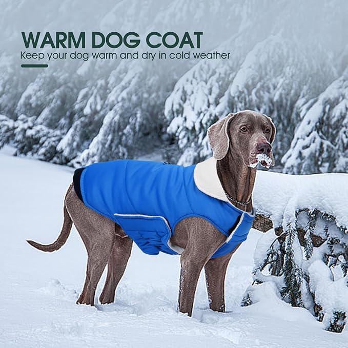 Kuoser Dog Coat Large, Cold Weather Reflective Waterproof Dogs Jacket with Warm Fleece Lining, Turtleneck Dog Winter Coat with Zipper, Doggy Snow Jacket Pet Coats for Small Medium Large Dogs, Blue 2XL