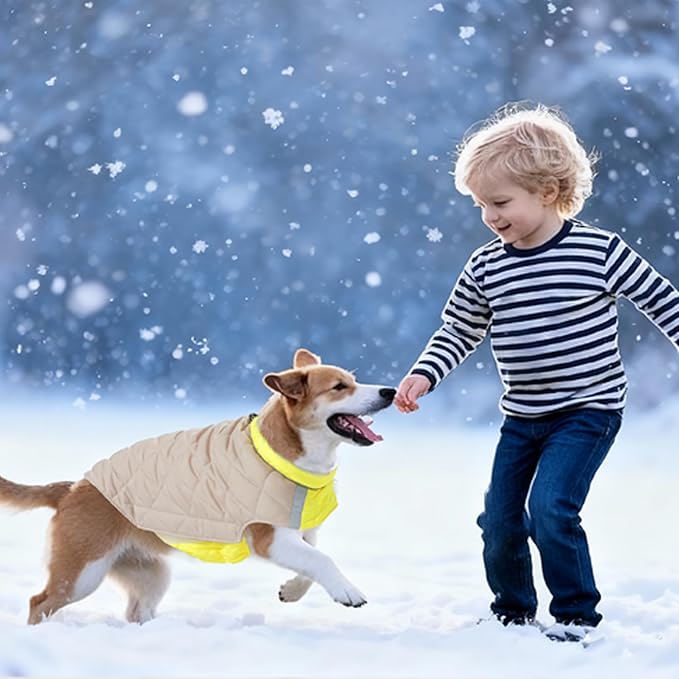 Quilted Dog Winter Coat, Plaid Lined Reversible Vest, Reflective Safety Strip, Cold Weather Pet Apparel Yellow XS