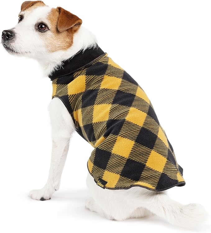 Goldpaw Duluth Double Fleece Dog Sweater Vest for Small Dogs - Soft, Stretchy Dog Fleece - Warm Pet Jacket for Fall and Winter - Pet Outerwear - Machine Washable - Gold Buffalo Check/Black - Size 14