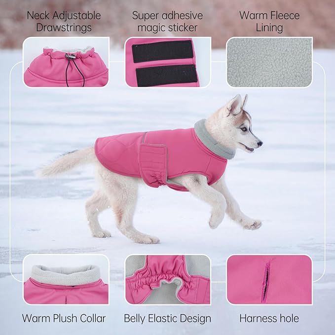 BRKURLEG Dog Winter Jacket, Warm Dog Winter Coats for Small and Medium Large Dogs, Reflective Adjustable Pet Cold Weather Coats, Waterproof Dogs Snow Jacket Clothes Fleece Vest (M, Rose Red)