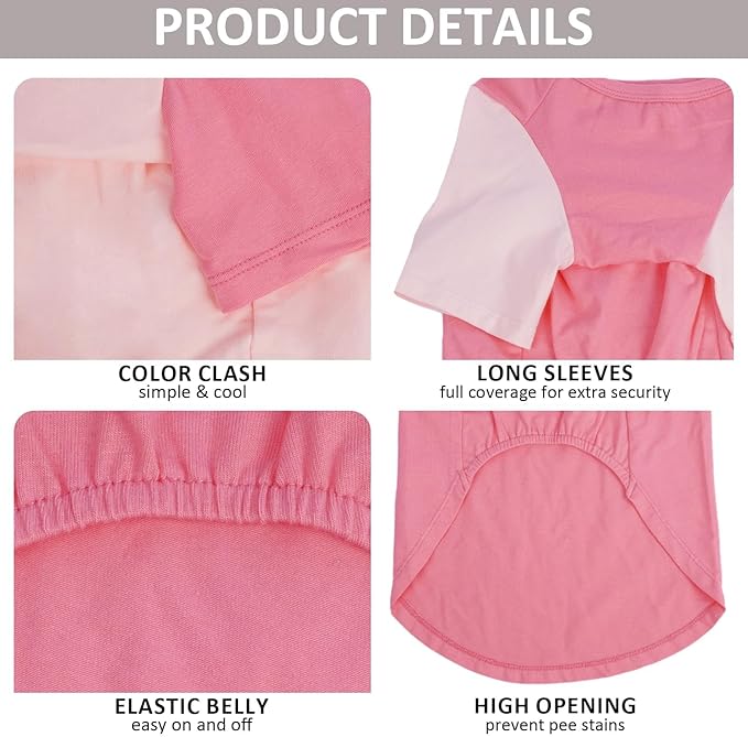 2 Pack Large Dog Shirts for Summer - Stretchy Breathable Cotton Dogs T-Shirt, Protect Skin Easy On and Off Clothes for French Bulldog, Pug, Daily Wear, Sleeping, Camping, Park, Travel, Pink