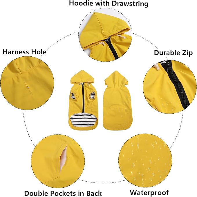 Dog Raincoat rain Jacket Dogs Waterproof fit for Small Medium Breeds Zipper Closure Pocket Storage in Cold Day - Yellow - XS