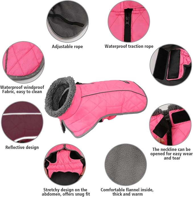 Fragralley Dog Coat Medium, Waterproof Dog Jacket with Warm Fleece Lining, Adjustable Reflective Dogs Winter Coat, Turtleneck Pet Coats for Cold Weather (Pink M)
