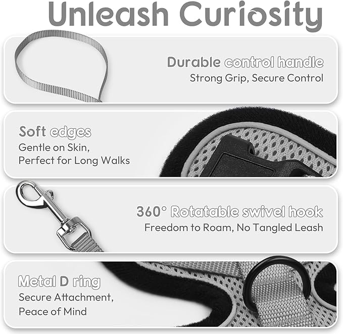 Dooradar Cat Harness and Leash Set, Escape Proof Safe Adjustable Kitten Vest Harnesses for Walking, Easy Control Soft Breathable Mesh Jacket with Reflective Strips for Cats, Grey, XXS