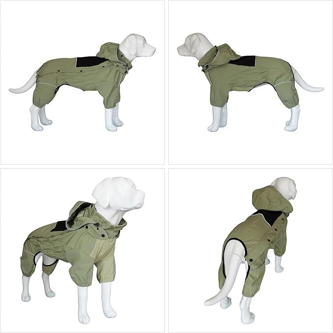 LOVELONGLONG Waterproof Dog Raincoat with Removable Hood – Outdoor Full Body Dog Jacket, Windproof Snowproof Shell Suit – All Season Pet Rain Gear Sage Green S+