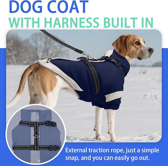 MIGOHI Dog Coat with Harness Built in, 2-in-1 Windproof Dog Winter Jacket, Thermal Reflective Snowsuit with Turtleneck, Back Zipper Fleece Coat for Small Dogs, Chihuahua, Navyblue, XS