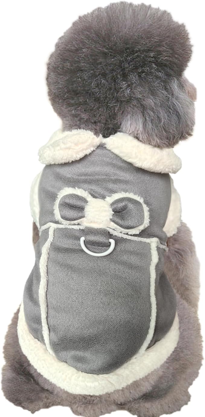 Jecikelon Bowtie Dog Cold Weather Coat Fleece Lining Warm Pet Puppy Turtleneck Dogs Winter Clothes for Small Dogs with D-Ring (Gray, Small)