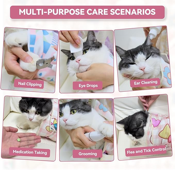 Cat Grooming Wrap for Cutting Nails, 21.6" Anti-Escape Calming Cat Swaddle Wrap for Medicine, Nail Clipping, Teeth Brushing, Ear Cleaning, Self-Adherent Burrito Restraint, (Happy Kitty, M)
