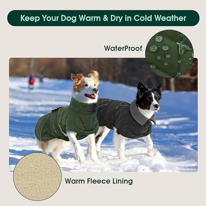 Kuoser Super-Warm Dog Jacket, Windproof Fleece Lined Turtleneck Dog Snowsuit with Reflective Strips, Soft & Adjustable Quilted Puppy Winter Coat Pet Christmas Clothes, Green 3XL