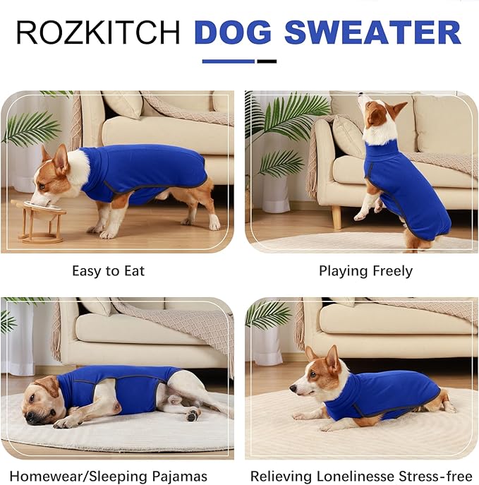 ROZKITCH Dog Sweater with Leash Hole, Warm Winter Coat Soft Pullover Pajamas Windproof Cold Weather Jacket Vest Cozy Jumpsuit Apparel Outfit Clothes for Walking Hiking Travel Sleep Blue 3XL