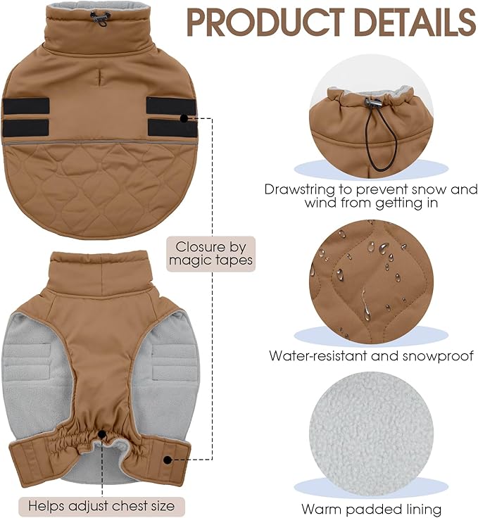 FUAMEY Winter Warm Dog Coat, Fleece Turtleneck Jacket, Thick Waterproof Windproof Coats for Small to Large Dogs, Snowsuit Vest for Cold Weather