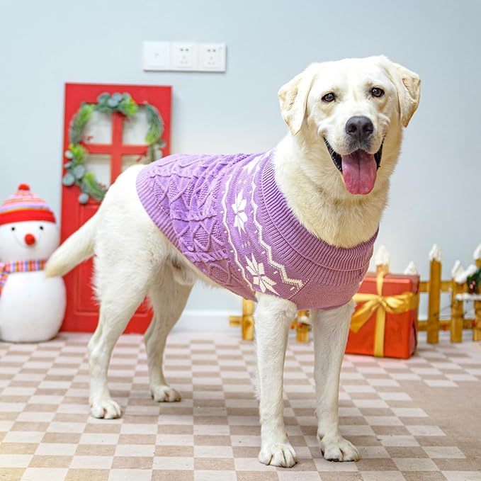 Warm Winter Dog Sweater - Cold Weather Pet Clothes for Small Medium Large Dogs Indoor Outdoor, Soft Classic Knit Puppy Apparel, Purple, L