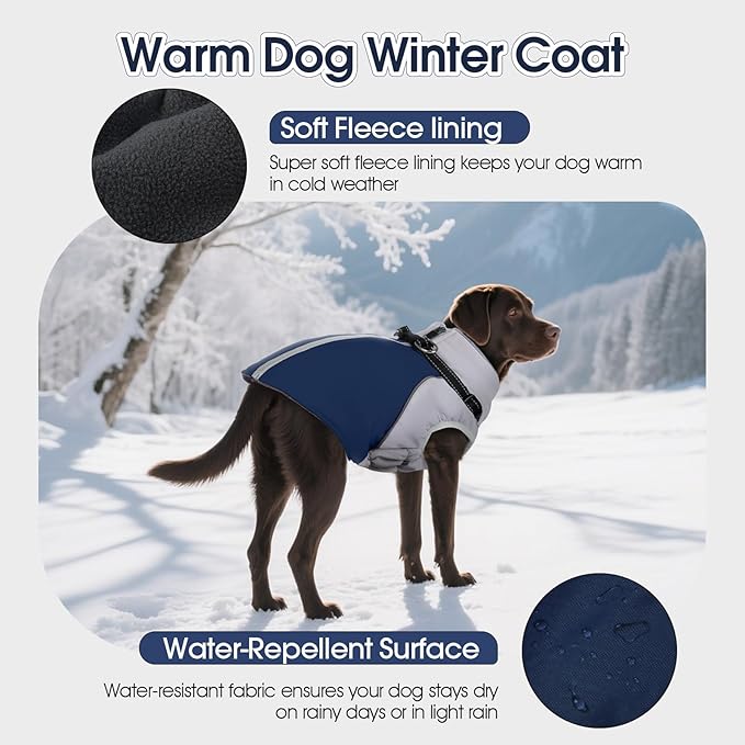 DENTRUN Dog Coat with Harness Built in, Easy On/Off Zipper Closure Winter Dog Vest, Water-Repellent Fleece Lined Warm Jacket with Reflective for Large Dogs, Dark Blue, XXL