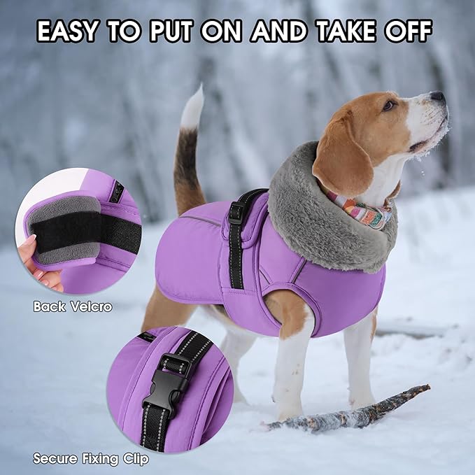 PETDSH Dog Coat Medium, Windproof Dog Jacket with Warm Fleece Lining, Thickened Collar Dogs Winter Coat, Adjustable Reflective Pet Coats for Cold Weather (Purple, Medium)