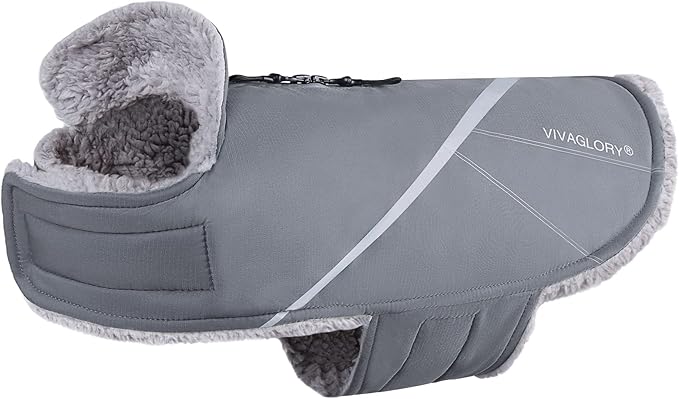 VIVAGLORY Snowrap Dog Coat, Jacket with Harness Hole & Velcro Closure, Dog Coat for Winter & Cold Weather, Fluffy Warm Fleece Lined Reflective Water Resistant for Puppy, S, Grey