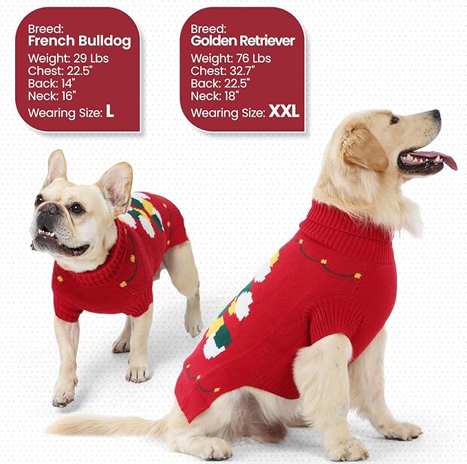 BRKURLEG Christmas Dog Sweaters for Cold Weather, Warm Turtleneck Sweaters, Medium Large Doggies Knitted Sweatshirt, Pet Xmas New Year Outfit for Beagle, Pitbull (Red, XL)
