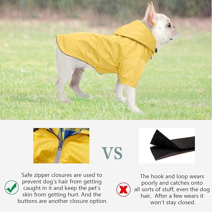 Dog Raincoat Dogs Waterproof Reversible rain Jacket Dog Small Medium Breeds Reflective Zipper Storage Pocket Harness Hole - Yellow - S