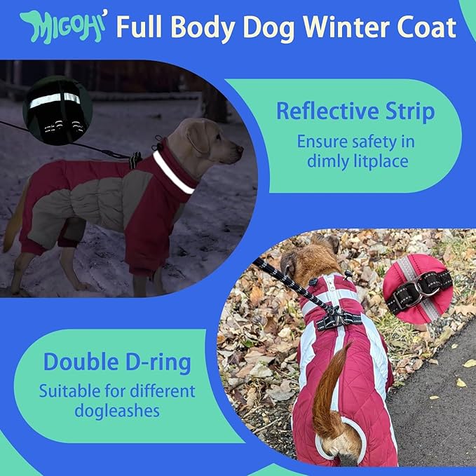 MIGOHI Full Body Dog Coat - Warm Reflective Large Dog Winter Coat with Harness,Turtleneck Fleece Jacket for Dogs,Four-Leg Windproof Puffer Jackets Snowsuit with Zipper for Small Medium Large Dogs,XL