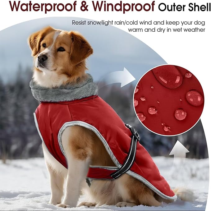 Dog Coats for Large Dogs,2XL Warm Fleece Winter Jacket,Dog Coat with Leash Hole,Waterproof Pet Cold Weather Coats Vest,Dogs Winter Clothes,Reflective Turtleneck PRT Snowsuit,Red,2XL
