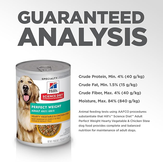 Hill's Science Diet Perfect Weight, Adult 1-6, Weight Management Support, Wet Dog Food, Chicken & Vegetables Stew, 12.5 oz Can, Case of 12