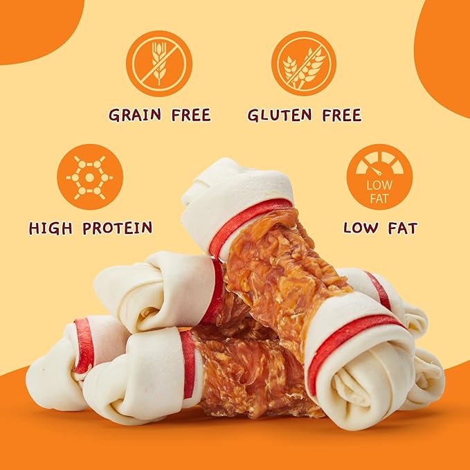 Jungle Calling Chicken Wrap Knotted Bones Dog Chews 6.5" Pack of 4, Long Lasting Beefhide Treats Real Chicken Wrap Rawhide Bones for Large Dogs Training Treats (3 Packs)