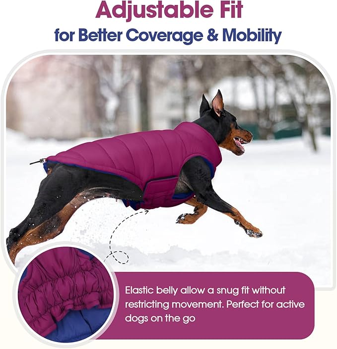 QBLEEV Reversible Dog Winter Coat, Waterproof Windproof Warm Jacket with Adjustable Hook & Loop Design, Lightweight Puffer Vest for Medium Dogs, Purple, M – Fits Pug, Beagle, Corgi
