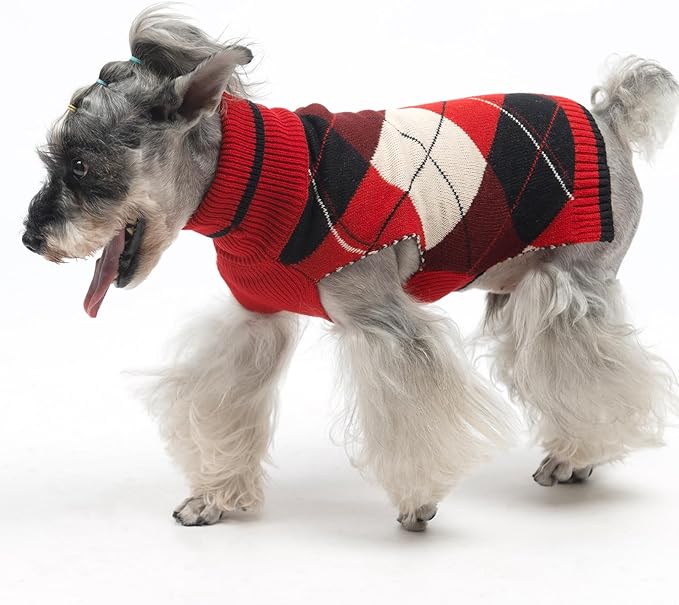 KOOLTAIL Dog Sweater Pet Knitted Clothes-Classic Plaid Pullover Turtleneck Red Fleece Dog Christmas Sweaters with Leash Hole, Thick Warm Dog Winter Clothes for Small Medium Large Dogs Cats Puppy, ML