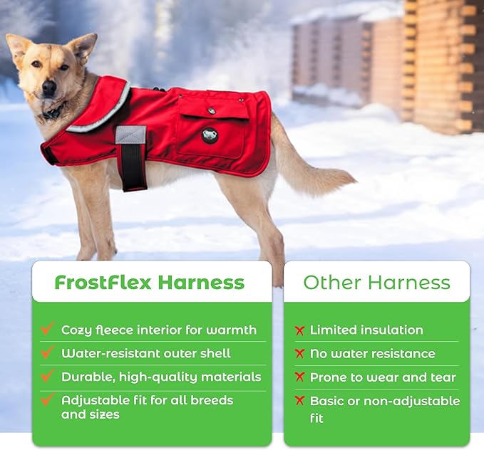 Joyride Harness FrostFlex Dog Winter Jacket - Fleece Lined & Water-Resistant - Snowsuit with Pockets for Treats & Poop Bags - Durable Cold Weather Dog Coat - Red Rush-L