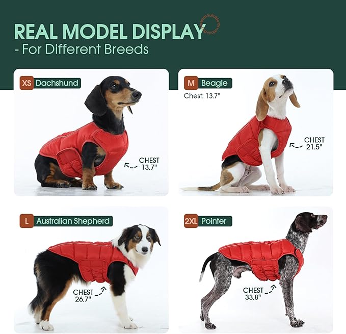 Kuoser Dog Puffer Jacket Warm Dog Coat for Large Dogs, Windproof Reflective Pet Padded Vest Cold Weather Clothes Puppy Snowsuit with Hook & Loop Coats, Easy On/Off, Red XL