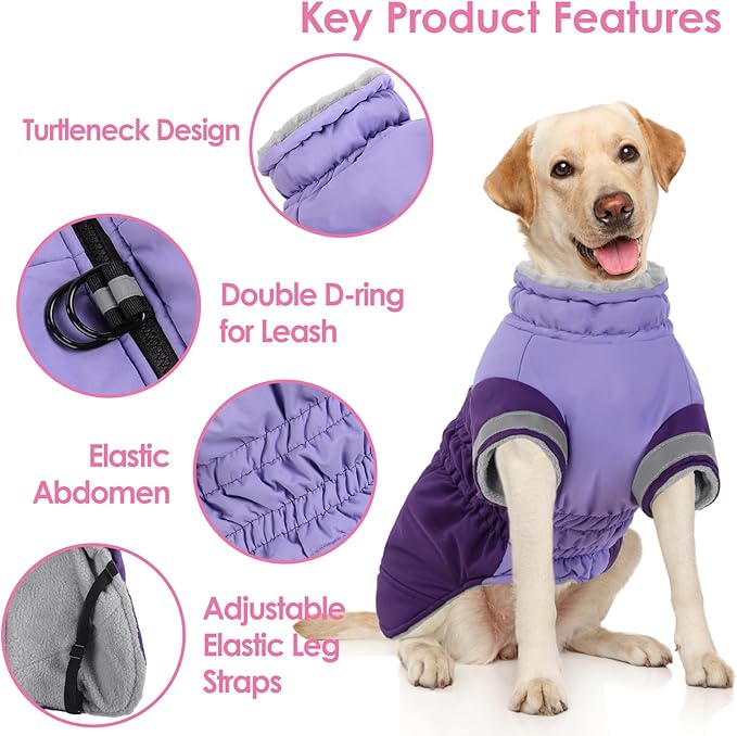 AOFITEE Dog Coat- Two Legged Extra Large Dog Winter Jacket - Zipper Dogs Cold Weather Coat with Harness, Warm Pet Puffer Jackets Reflective Pet Snow Coats for Golden Retriever, Weimaraner, Purple 2XL