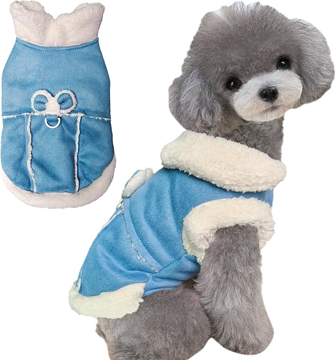 Jecikelon Bowtie Dog Cold Weather Coat Fleece Lining Warm Pet Puppy Turtleneck Dogs Winter Clothes for Small Dogs with D-Ring (Blue, X-Small)
