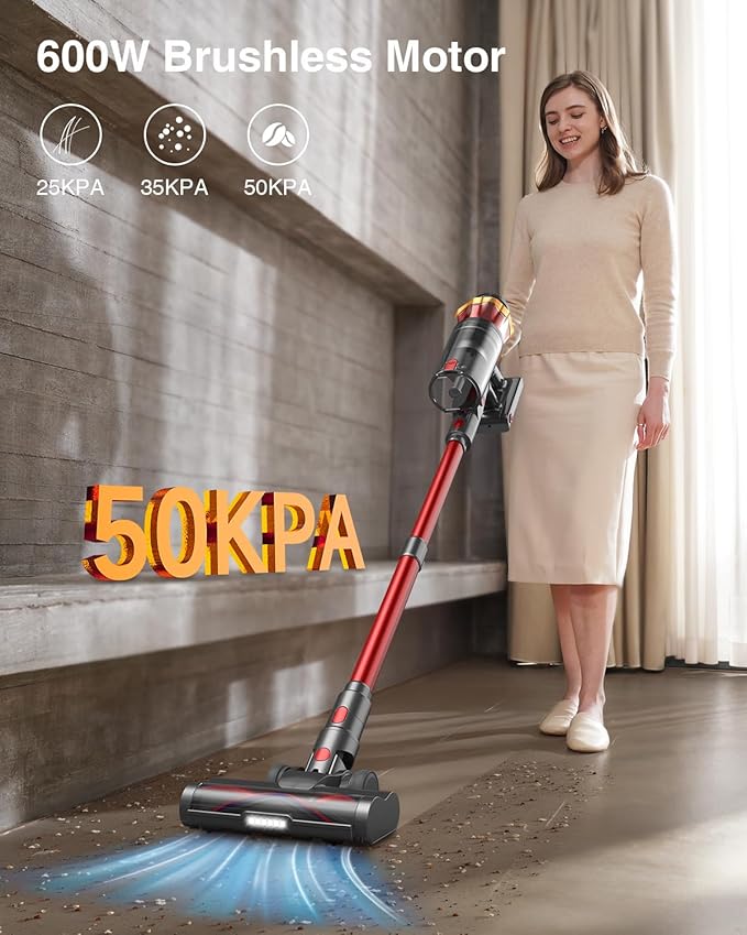 Cordless Vacuum Cleaner, 600W 50KPa 70Mins Vacuum Cleaners for Home, Self-Standing Stick Vacuum with Anti-Tangle Brush & OLED Touch Screen, Vacuum Cleaner for Hardwood Floors and Carpet,Pet Hair,Car