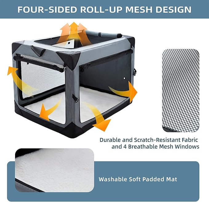 Pettycare 36 Inch Collapsible Crate for Large Dogs, 4-Door Foldable Soft Kennel with Chew Proof Mesh Windows for Indoor & Outdoor Travel