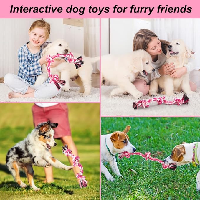 SZEE Dog Rope Toy, 14 in 3 Knots Chew Rope for Small Medium Dogs, Natural Cotton Pull Toy for Tug of War and Teeth Cleaning (Pink)