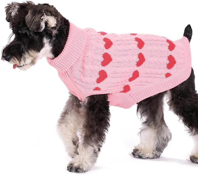 KOOLTAIL Cable Knit Dog Sweater Turtleneck, Cold Weather Pullover Classic Knitwear, Snowflake Pattern Thick Warm Winter Pet Clothes,Dog Christmas Sweater for Small Medium Large Dogs,Pink Heart SM