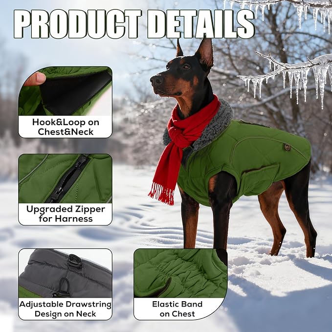 EMUST Winter Dog Coat for Medium Boys - Thick Clothes with Harness Hole for Cold Weather, Green, M