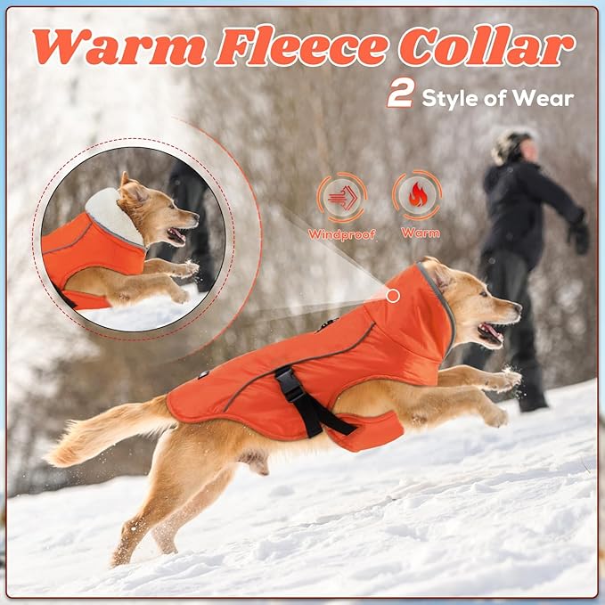 EMUST Winter Dog Jacket, Windproof Dog Apparel for Cold Weather, Reflective Coats for Dogs, Warm Puppy Jacket for Cold Winter, Orange, S