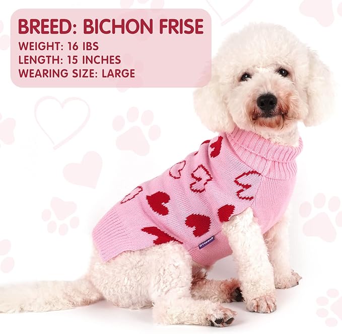 cyeollo Valentines Day Dog Sweater with Leash Hole Pullover Turtleneck Heart Pattern Holiday Theme Dog Clothes Pet Apparel for Small Dogs Pink