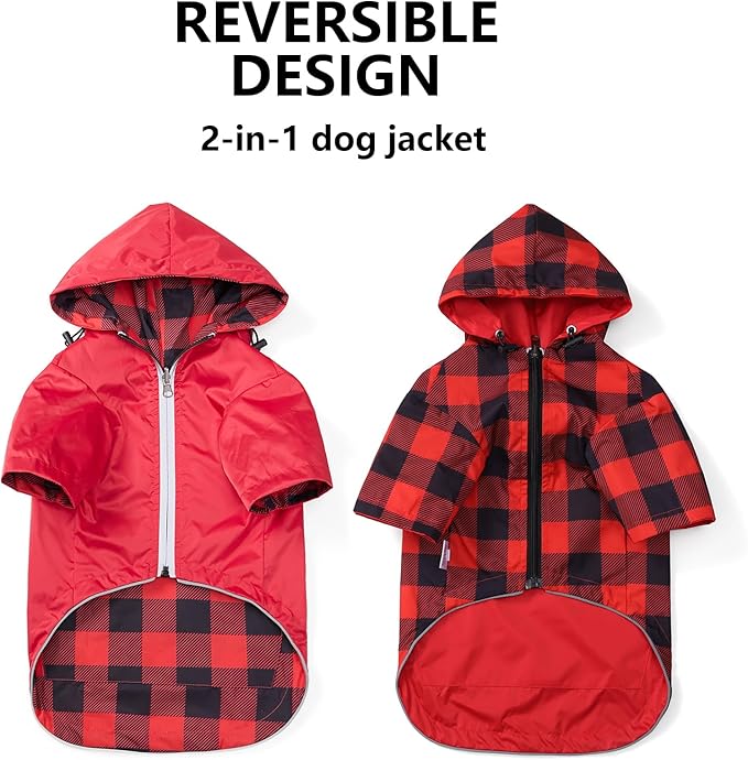 Dog Raincoat Dogs Waterproof Reversible rain Jacket Dog Small Medium Breeds Reflective Zipper Storage Pocket Harness Hole - Red - L