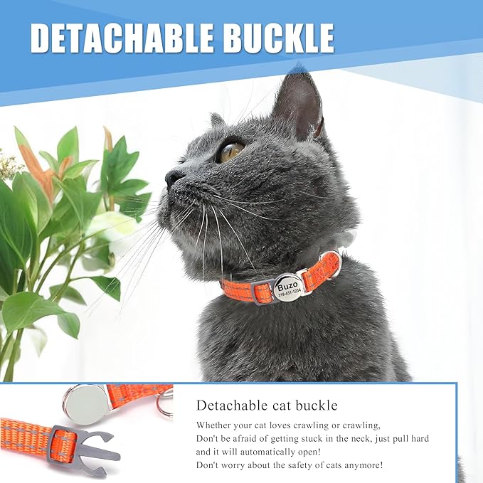 Personalized Engraved Cat Collar|Breakaway Safety Round Buckle|Reflective Adjustable Collar with ID Name Tag & Bell for Kittens & Puppies Cats,Red (7.5'' - 12'')