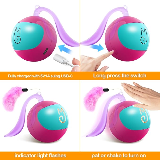 Migipaws Interactive Cat Ball Toy Set, Fun Tracker, Automatic Rolling Chase Ball with Fluffy Tail, A Small Mice, Rechargeable (Rose)