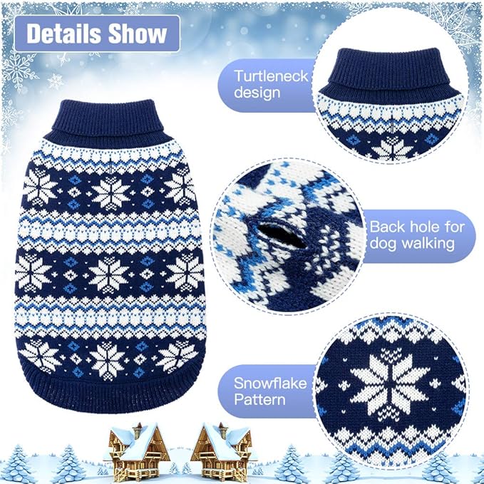KOOLTAIL Cable Knit Dog Sweater Turtleneck, Cold Weather Pullover Classic Knitwear, Snowflake Pattern Thick Warm Winter Pet Clothes, Dog Christmas Sweater for Small Medium Large Dogs Cats, Navy Blue M