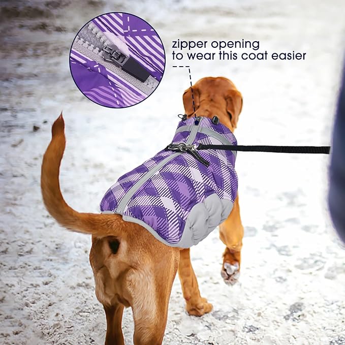 FUAMEY Dog Coat for Large Dogs,Waterproof Dog Winter Jacket with Harness Built in Puppy Cold Weather Coats Reflective Pet Vest with Zipper Warm Fleece Dogs Snowsuit Windproof Purple Plaid L