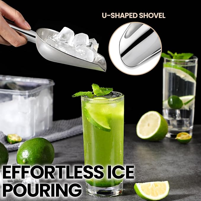 18oz Stainless Steel Ice Scoop for Freezer with Magnetic Hook– Dishwasher Safe Ice Scooper for Ice Machine with Long Handle – Metal Scoop for Ice Bucket, Dog Food, Flour, Canisters