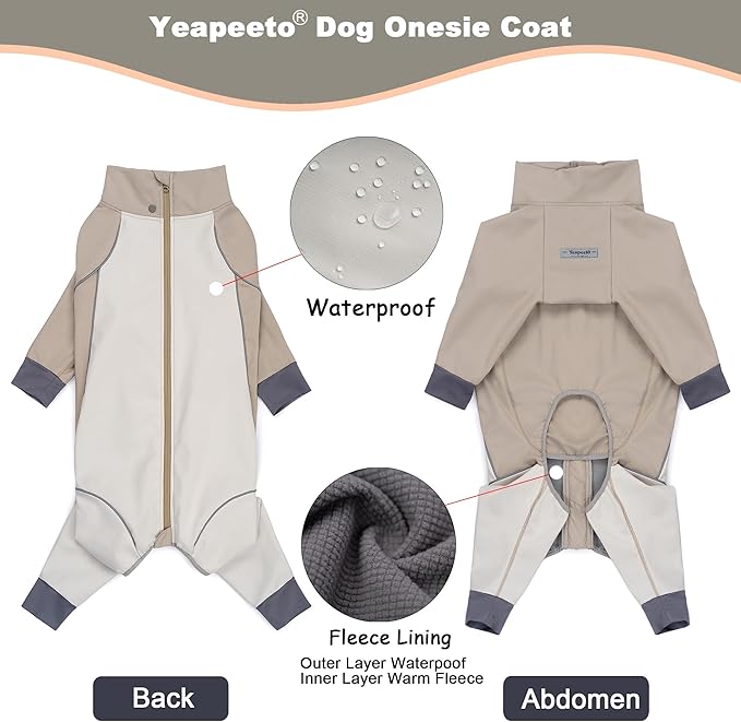 Dog Full Body Winter Coat, Waterproof Fleece Jacket for Small Medium Large Dogs Reflective Snowsuit with Zipper for Outdoor Skating (Beige, 6XL(Weight 85-100 lbs))