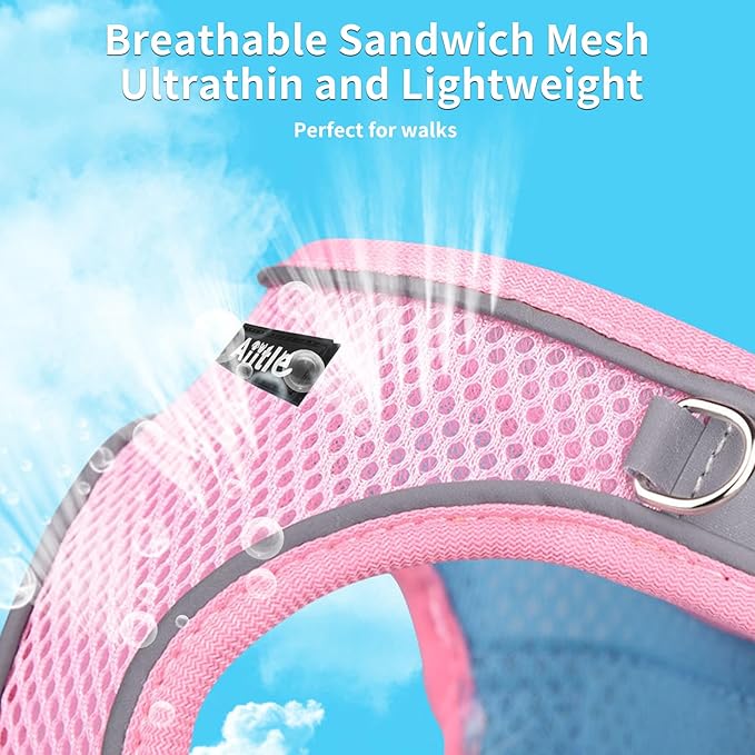 AIITLE Dog Harness, Summer No-Pull Cat Harness with a Leash, Adjustable Reflective Dog Vest, Cat Harness Escape Proof, Outdoor Walking, Camping for Extra Small Dogs and House Cats Pink XXXS