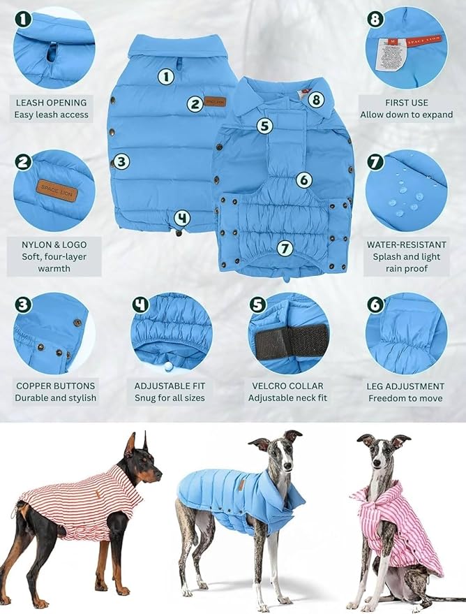 SPACE LION Dog Puffer Jacket, Down Winter Coat, Durable Outdoor Coat for Cold and Windy Conditions, Waterproof, Lightweight Jacket, Adjustable Fit for Small, Medium, Large Dogs(Alaskan Blue,20/XL)