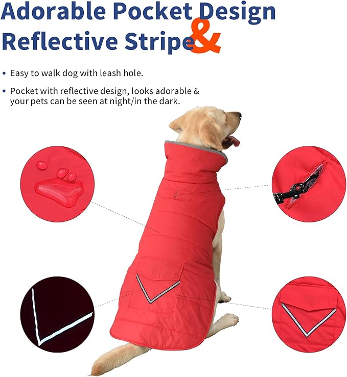 Dog Coat, Waterproof Dog Winter Jacket with Pocket, Reflective Adjustable Pet Snow Vest, Warm Cozy Fleece Sweater for Small Medium Extra Large Dogs - Red, XS