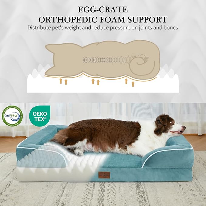 Comfort Expression Orthopedic Dog Bed for Extra Large Dogs 42x30 Inch, Waterproof Egg Crate Foam XL Pet Bed with Removable Bolsters, Dog Couch with Washable Cover & Non-Slip Bottom, Washed Blue